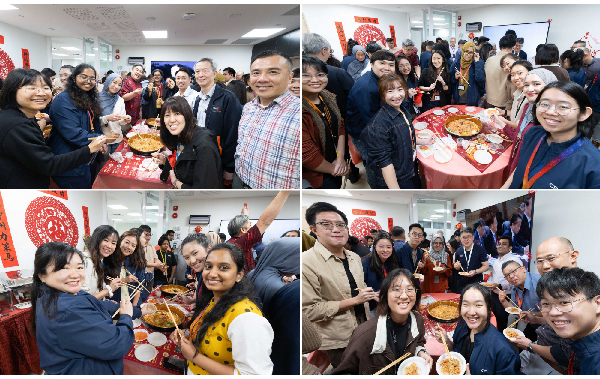 Four photos of a diverse group of smiling people using chopsticks at a Chinese New Year celebration indoors.